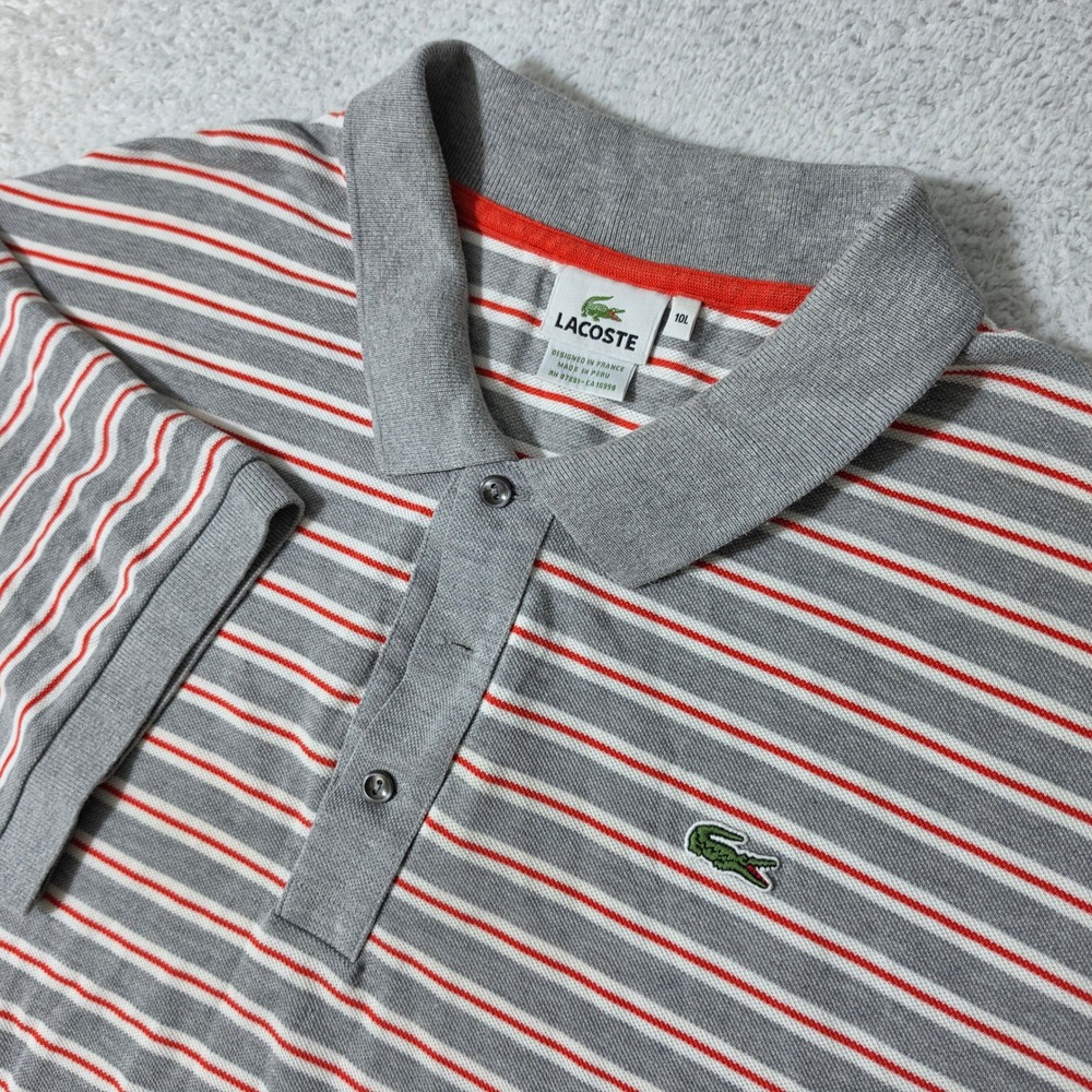 Lacoste Polo Shirt Mens 10L Grey Striped Short Sleeve Pique Big & Tall